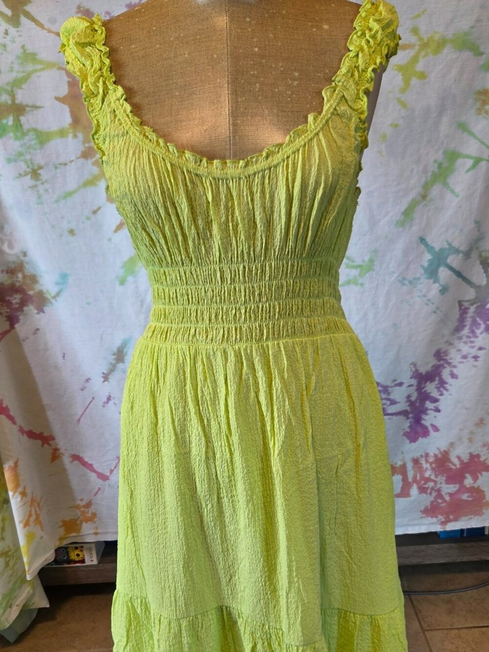 Lime Green Urban Outfitters Shirred Waist Tiered Skirt Dress